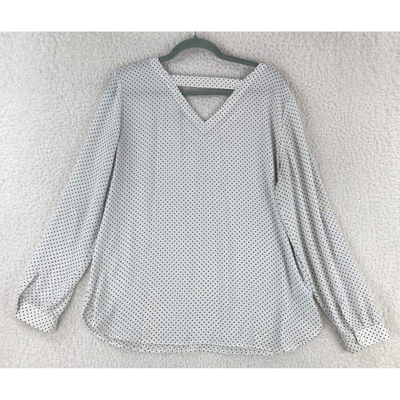LOFT Outlet White Black Polka‎ Dot Print Shirt Womens V-Neck Long Sleeve Size L - Picture 15 of 16